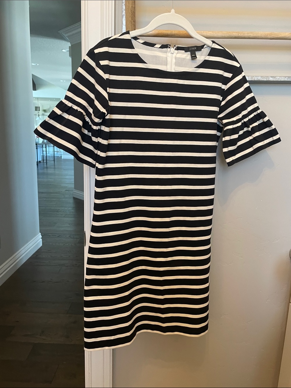 J. Crew Black and White Striped Ruffle Sleeve Shift Dress
